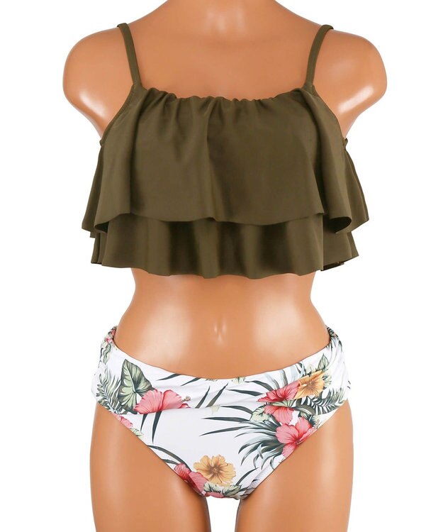 San-ai Resort（三愛水着楽園） 【SALE】フリルトップス３点セット　9M　【San-ai Resort（サンアイリゾート）】 カーキ×ホワイト