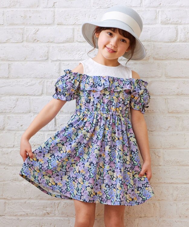 ANY KIDS オンオフショルダー ガーリー ワンピース ネイビー花柄