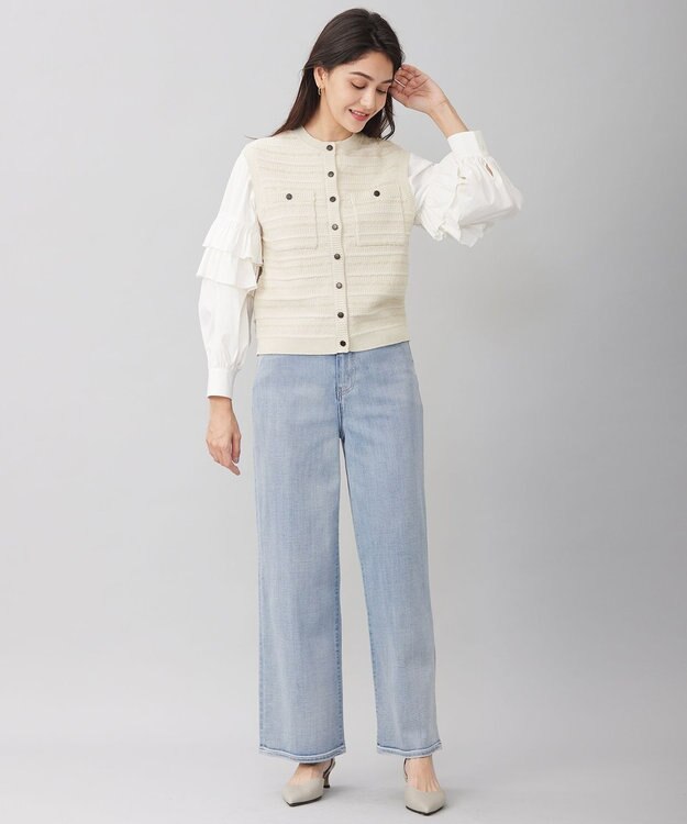 自由区 【洗える】テクスチャーコットンブレンドニット ベスト ライトベージュ