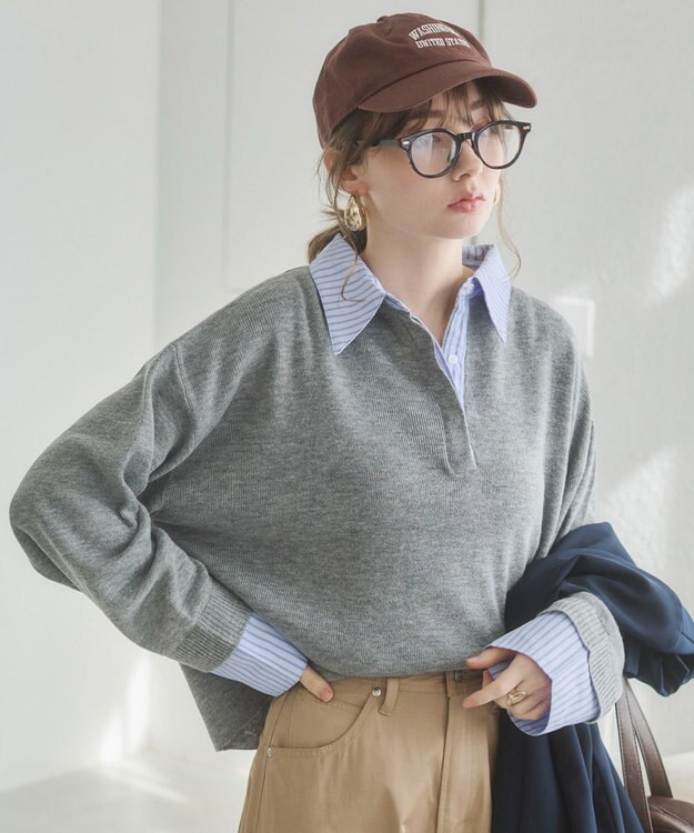 WEGO 【ANGIE VINTAGE】シャツ襟 ドッキング　フェイクレイヤード ニット トップス ライトグレー