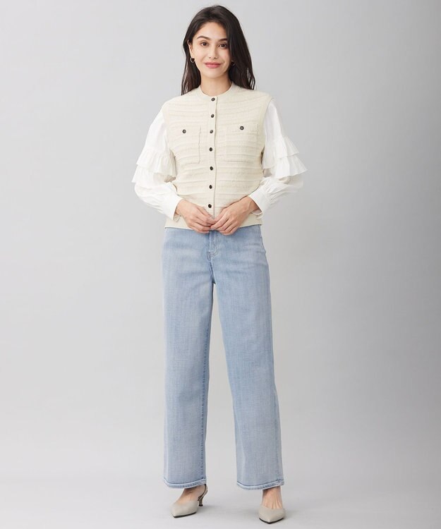 自由区 S 【洗える】テクスチャーコットンブレンドニット ベスト ライトベージュ