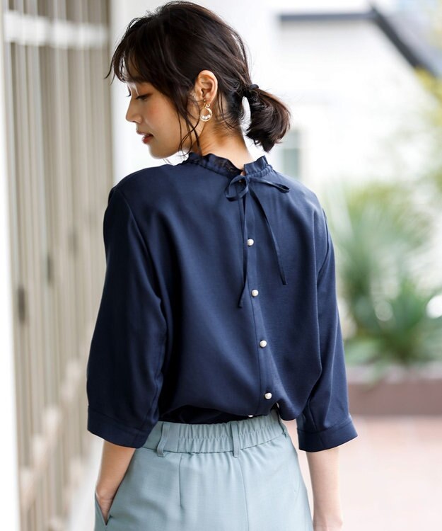 ANY SIS 【2WAY】スムージーポリエステル フリルネック ブラウス ネイビー