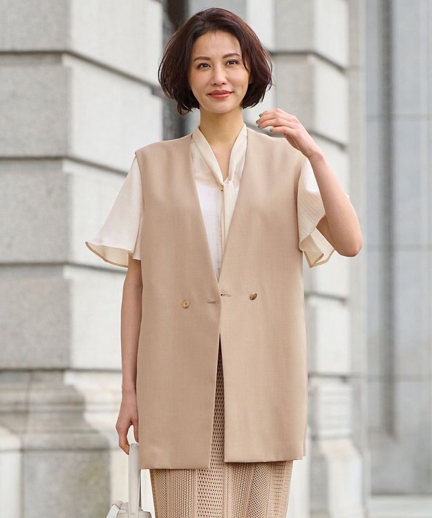 自由区 L 【接触冷感・速乾・UVケア・撥水・防シワ】リネンライクツィル ジレ キャメル系