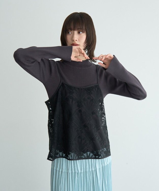 YECCA VECCA 【2点SET】刺繍レースキャミセットハイネックニット Charcoal Gray