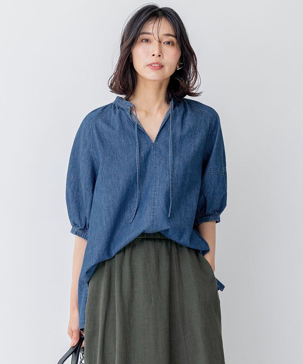 23区 【洗える】ライトダンガリー サマー スキッパーブラウス インディゴ