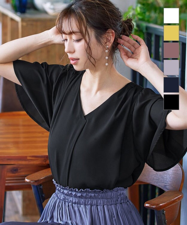 Tiaclasse 【洗える】シフォンフレアスリーブブラウス ブラック