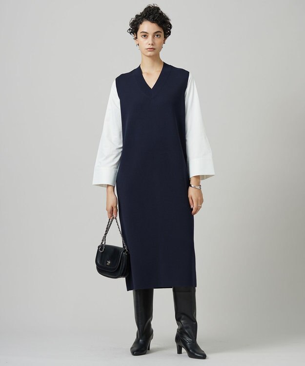 ICB L 【洗える】 クロスコンビ ニットワンピース ネイビー系