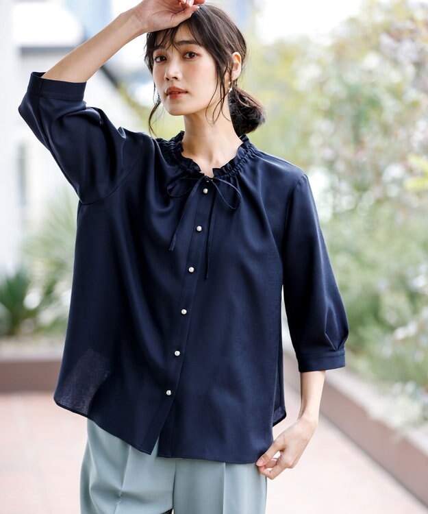 ANY SIS 【2WAY】スムージーポリエステル フリルネック ブラウス ネイビー