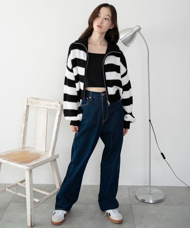 WEGO ダブルジップショートニットブルゾン ブラックボーダー