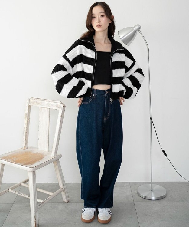 WEGO ダブルジップショートニットブルゾン ブラックボーダー