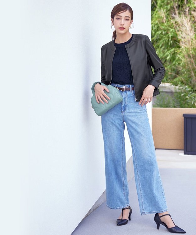 Tiaclasse 【洗える】ギャザーネックレースブラウス ネイビー