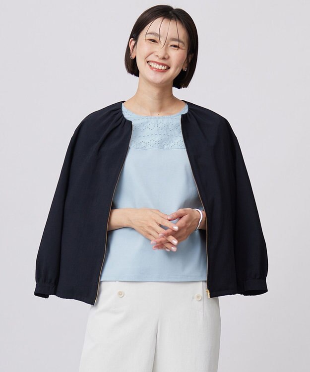 J.PRESS LADIES S 【洗える・接触冷感・防シワ・吸水速乾】BREEZE COOL  ノーカラー ブルゾン ネイビー系