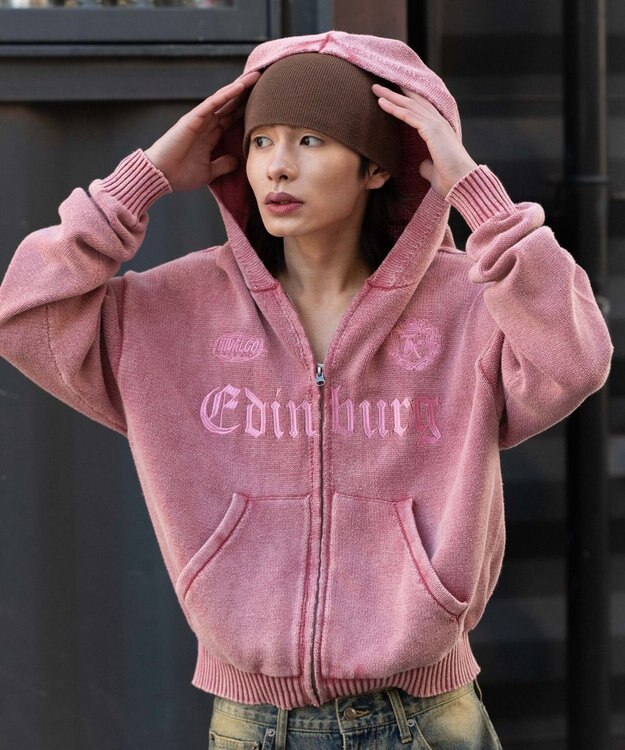 WEGO 【ユニセックス着用ITEM】ブリーチニットグラフィックZIPパーカー ピンク