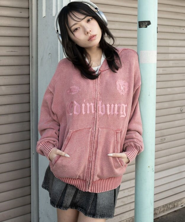 WEGO 【ユニセックス着用ITEM】ブリーチニットグラフィックZIPパーカー ピンク