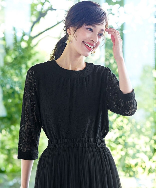 Tiaclasse 【洗える】ギャザーネックレースブラウス ブラック