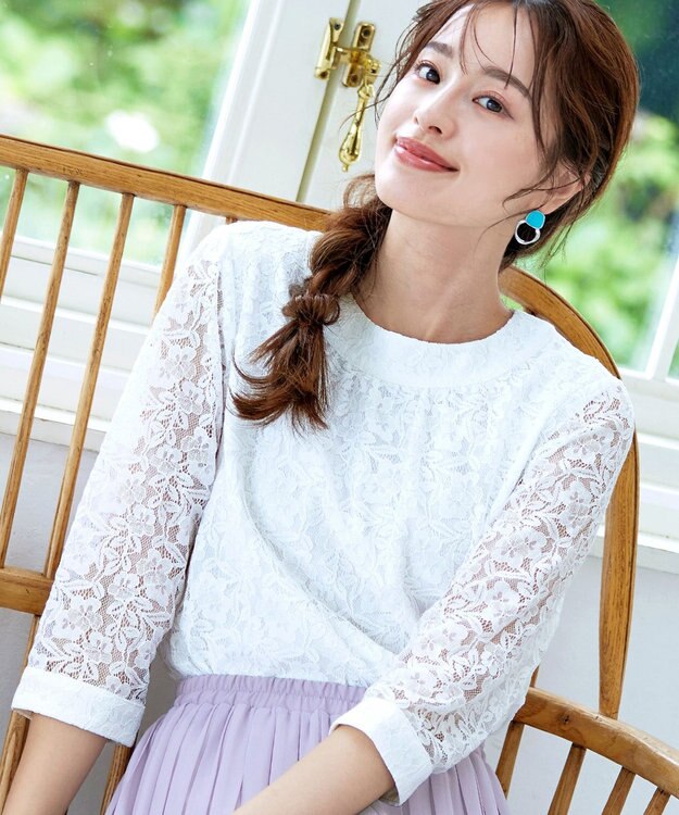 Tiaclasse 【洗える】ギャザーネックレースブラウス オフホワイト