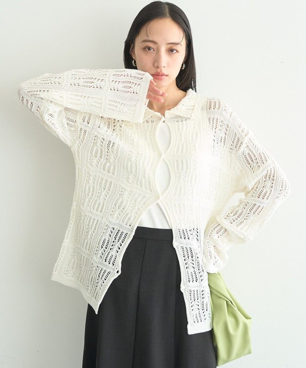 earth music&ecology メッシュレース襟付きカーディガン Off White