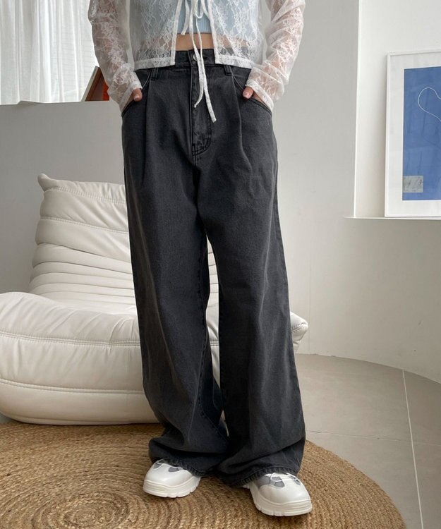 WEGO モチーフデニムタックパンツ デニムブラック