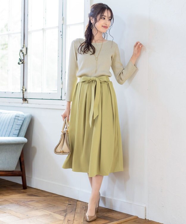 Tiaclasse L 【洗える】異素材を組み合わせたミモレ丈リブコンビワンピース エクリュ×ライム