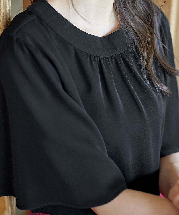 Tiaclasse 【洗える】5分丈フレアスリーブブラウス ブラック