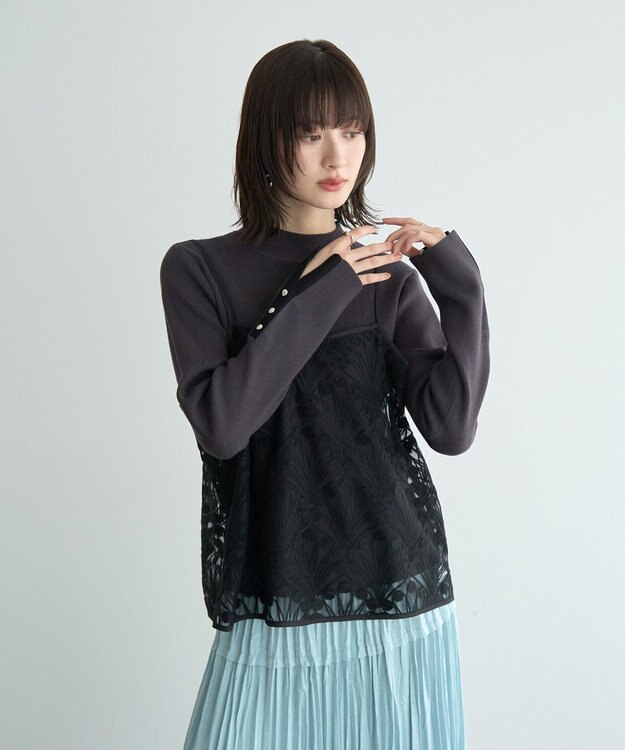 YECCA VECCA 【2点SET】刺繍レースキャミセットハイネックニット Charcoal Gray