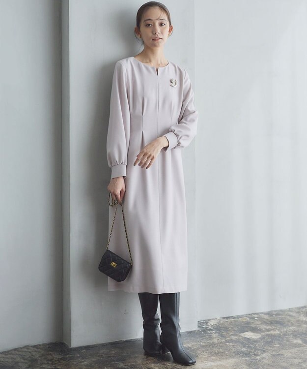 組曲 ウールジョーゼット スリットネックワンピース ローズ系