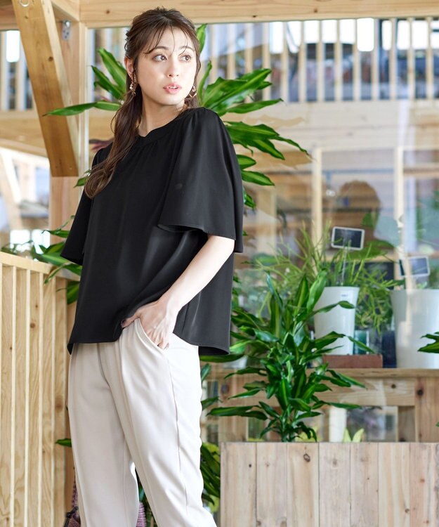 Tiaclasse 【洗える】5分丈フレアスリーブブラウス ブラック