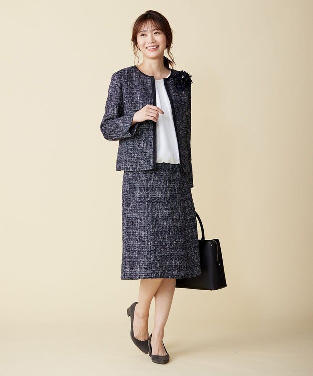 J.PRESS LADIES ファンシーツイード ノーカラー ジャケット ネイビー系1
