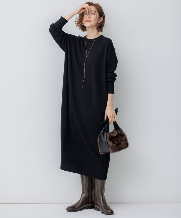 23区 【洗える】ウールカシミヤ ニットワンピース ブラック系