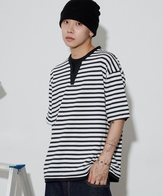 WEGO 【ユニセックス着用ITEM】キーネックフェイクレイヤードT（SS） ブラックボーダー