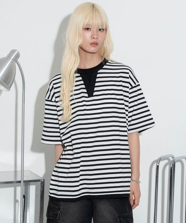 WEGO 【ユニセックス着用ITEM】キーネックフェイクレイヤードT（SS） ブラックボーダー