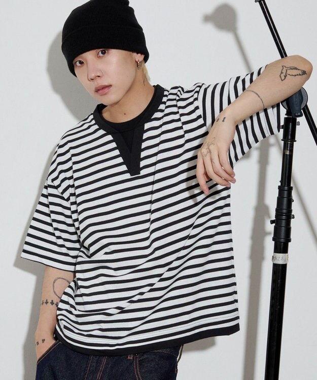 WEGO 【ユニセックス着用ITEM】キーネックフェイクレイヤードT（SS） ブラックボーダー