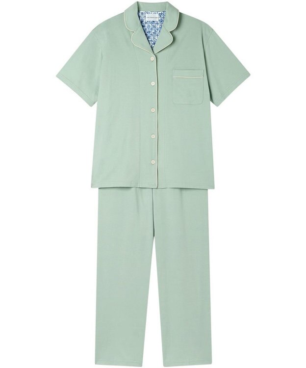 une nana cool 【綿100%】60/2 やわらか天竺 半袖開襟パジャマ MADE WITH LIBERTY FABRIC ブルーグリーン