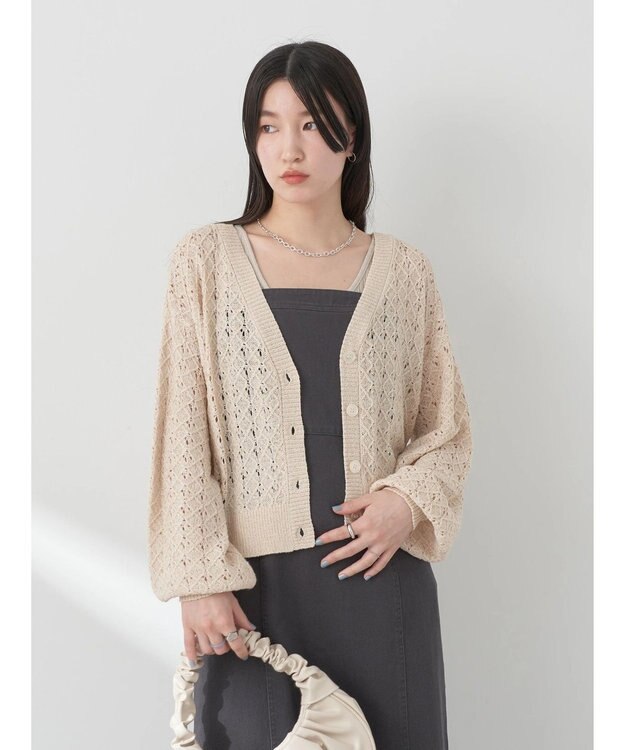 earth music&ecology 透かし編みテープヤーンカーディガン Light Beige