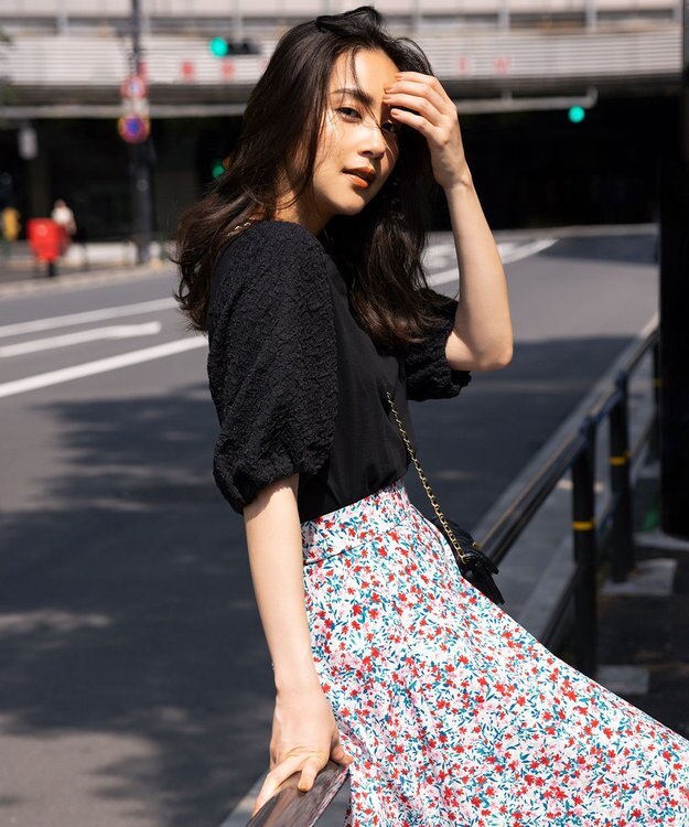 組曲 【洗える】レリーフスリーブジャージー カットソー ブラック系