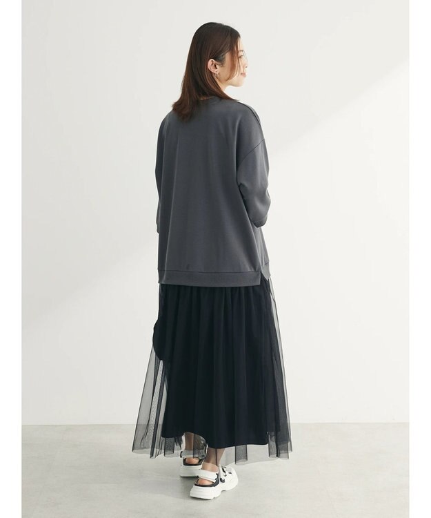 Green Parks ７分袖チュールドッキングロゴワンピース Charcoal Gray