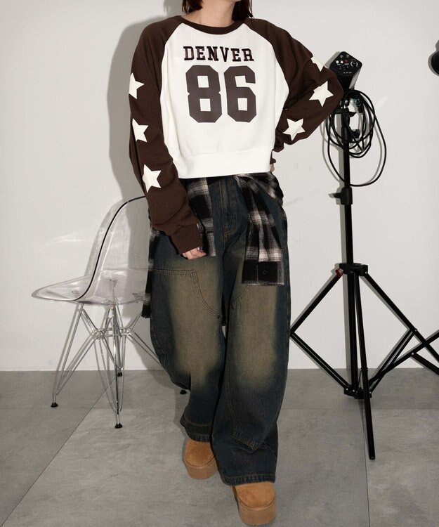 WEGO スターナンバリングラグランスウェット ブラウン