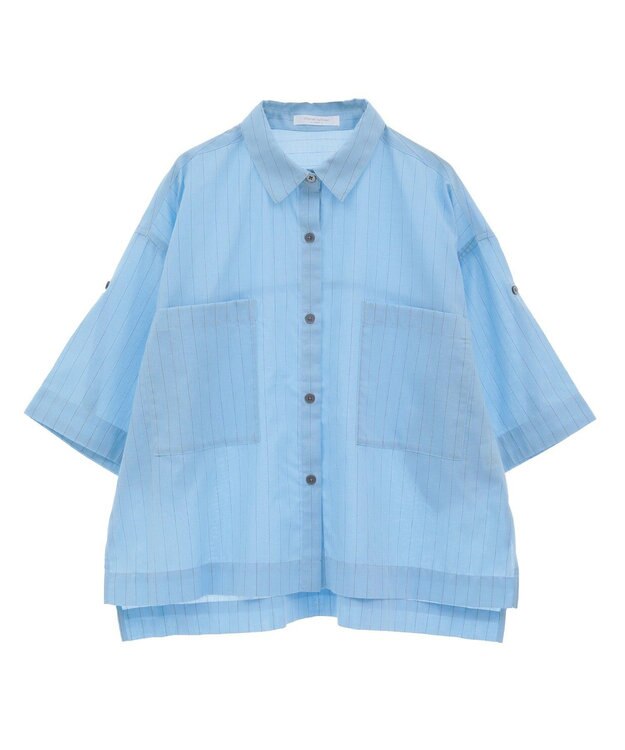 Green Parks 綿麻混５分袖ターンバックシャツ Sax