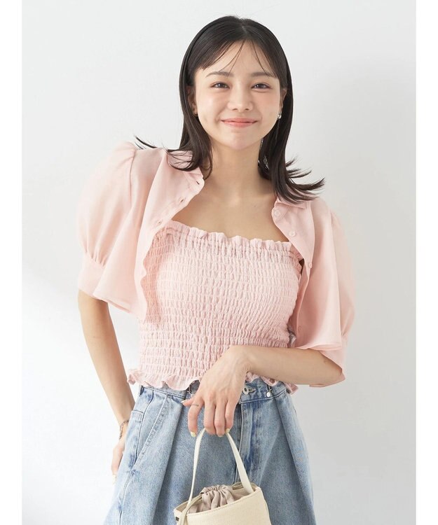 earth music&ecology ＳＥＴ２点シアークロップドシャツ×シャーリングタンク Pink