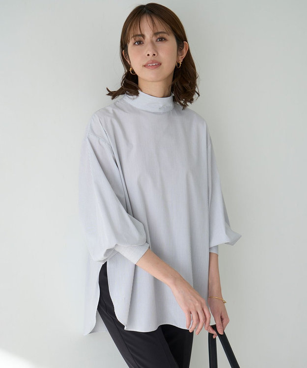 UNFILO ハイネックブラウス オフ×ブラックストライプ