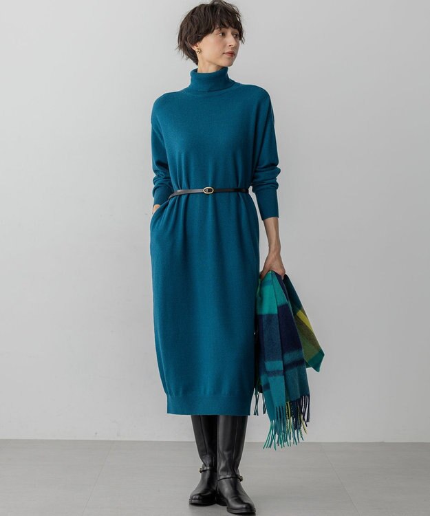 23区 S 【洗える】カシミヤブレンド タートルネック ニットワンピース ピーコックグリーン系