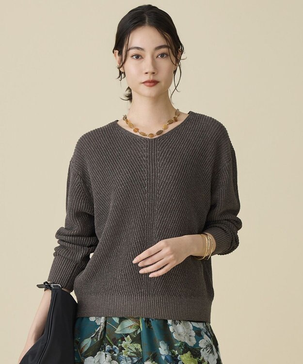 自由区 L リネンミドルゲージプルオーバー ニット ブラウンラメ