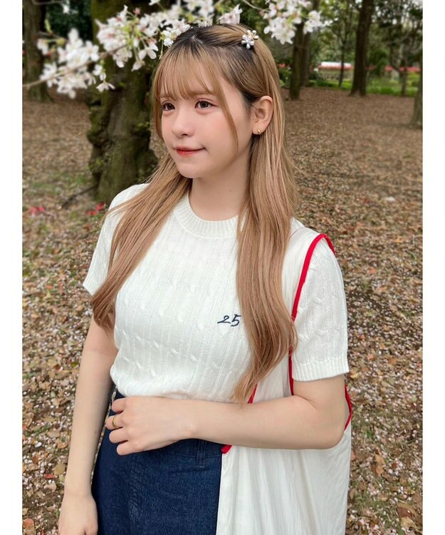 Green Parks ケーブル半袖ニット Off White