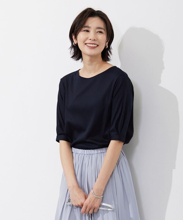 J.PRESS LADIES L コットンリブ タックスリーブ カットソー ネイビー系