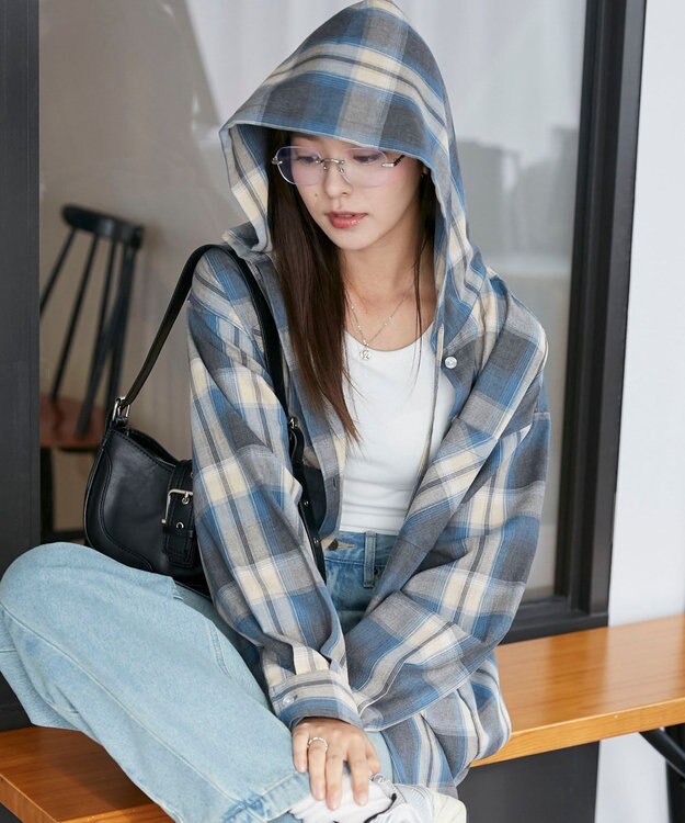 WEGO フードチェックBIGシャツ サックス