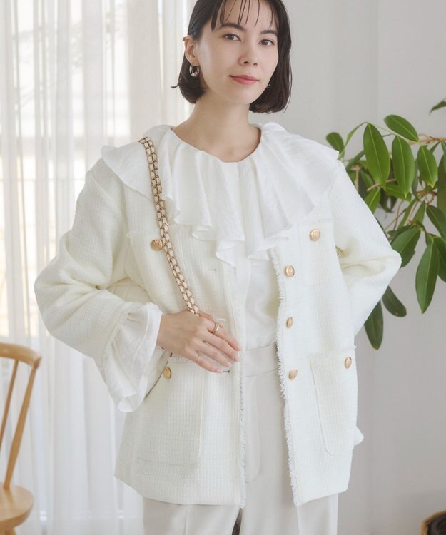 WEGO 【ANGIE VINTAGE/オケージョン対応 / セレモニー対応】ノーカラー ツイードジャケット オフホワイト