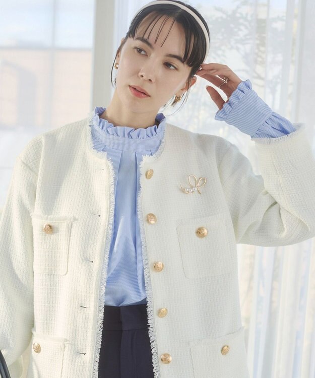 WEGO 【ANGIE VINTAGE/オケージョン対応 / セレモニー対応】ノーカラー ツイードジャケット オフホワイト