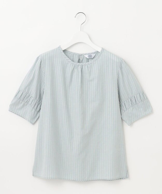 J.PRESS LADIES 【洗える】BEZ空羽ストライプ クルーネック ブラウス ライトグリーン系1