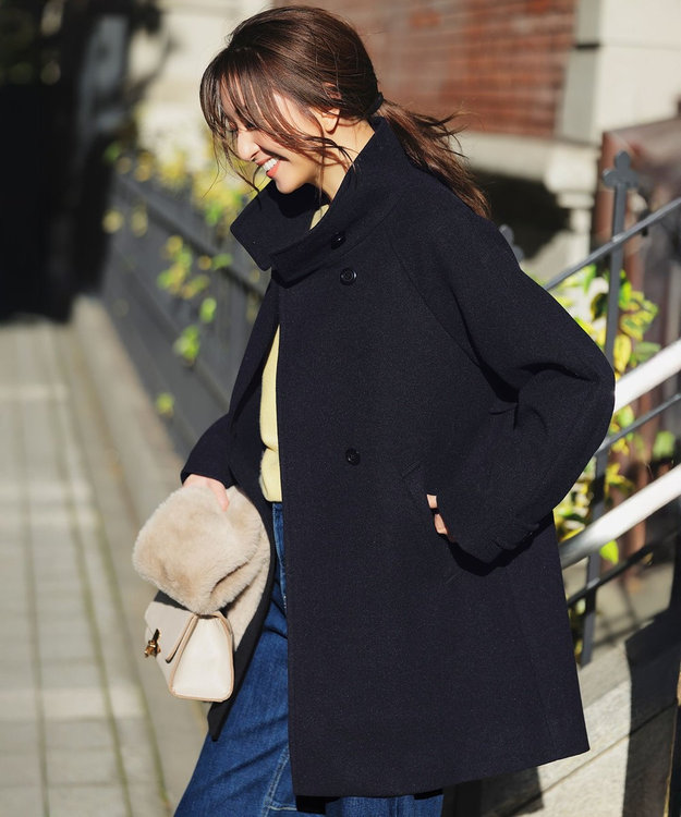 ANY SIS S ウールライクスタンドカラー ミドルコート ネイビー