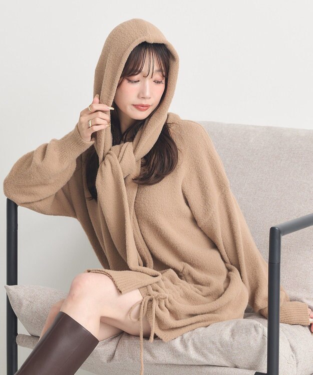 earth music&ecology 【イージーケア】パウダーシャギーフーディーマフラー Beige